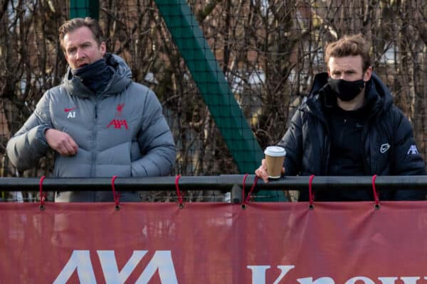 KIRKBY, ENGLAND - Saturday, March 13, 2021: Liverpool's (L-R) Academy Director Alex Inglethorpe, xxxx, non-executive director Kenny Dalglish, and Head of Senior Academy Recruitment Matthew Newberry during the Premier League 2 Division 1 match between Liverpool FC Under-23's and West Ham United FC Under-23's at the Liverpool Academy. The game ended in a 1-1 draw. (Pic by David Rawcliffe/Propaganda)