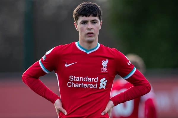 KIRKBY, ENGLAND - Saturday, March 13, 2021: Liverpool's Layton Stewart during the Premier League 2 Division 1 match between Liverpool FC Under-23's and West Ham United FC Under-23's at the Liverpool Academy. The game ended in a 1-1 draw. (Pic by David Rawcliffe/Propaganda)