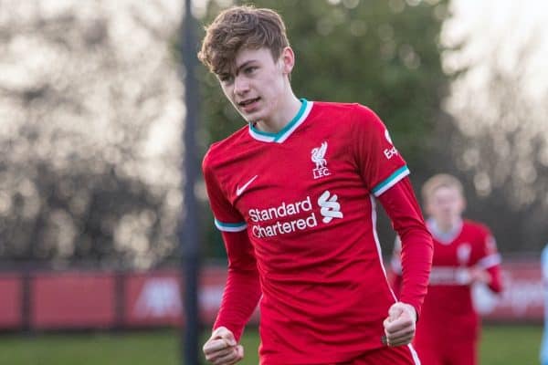 KIRKBY, ENGLAND - Saturday, March 13, 2021: Liverpool's Conor Bradley celebrates after scoring the equalising goal during the Premier League 2 Division 1 match between Liverpool FC Under-23's and West Ham United FC Under-23's at the Liverpool Academy. The game ended in a 1-1 draw. (Pic by David Rawcliffe/Propaganda)