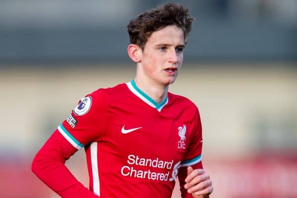 KIRKBY, ENGLAND - Saturday, March 13, 2021: Liverpool's Tyler Morton during the Premier League 2 Division 1 match between Liverpool FC Under-23's and West Ham United FC Under-23's at the Liverpool Academy. The game ended in a 1-1 draw. (Pic by David Rawcliffe/Propaganda)