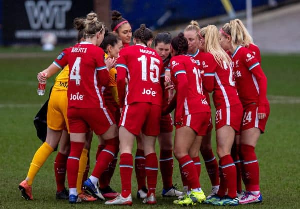 BIRKENHEAD, ENGLAND - Sunday, March 14, 2021: Liverpool players form a pre-match huddle before the FA Women’s Championship game between Liverpool FC Women and Coventry United Ladies FC at Prenton Park. Liverpool won 5-0. (Pic by David Rawcliffe/Propaganda)