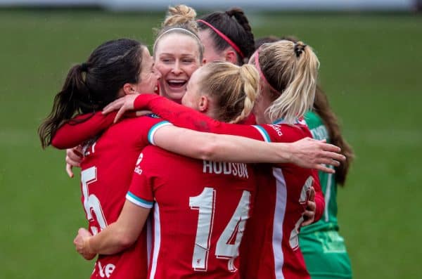 BIRKENHEAD, ENGLAND - Sunday, March 14, 2021: Liverpool's captain Niamh Fahey (L) celebrates with team-mates after scoring the first goal during the FA Women’s Championship game between Liverpool FC Women and Coventry United Ladies FC at Prenton Park. Liverpool won 5-0. (Pic by David Rawcliffe/Propaganda)