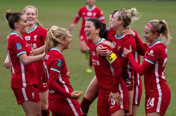 BIRKENHEAD, ENGLAND - Sunday, March 14, 2021: Liverpool's captain Niamh Fahey (#5) celebrates with team-mates after scoring the fifth goal during the FA Women’s Championship game between Liverpool FC Women and Coventry United Ladies FC at Prenton Park. Liverpool won 5-0. (Pic by David Rawcliffe/Propaganda)