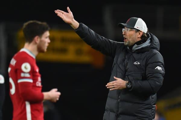 WOLVERHAMPTON, ENGLAND - Monday, March 15, 2021: Liverpool's manager Jürgen Klopp during the FA Premier League match between Wolverhampton Wanderers FC and Liverpool FC at Molineux Stadium. Liverpool won 1-0. (Pic by Propaganda)