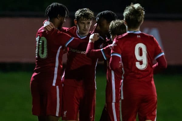 KIRKBY, ENGLAND - Tuesday, March 16, 2021: Liverpool's Tyler Morton (2nd from L) celebrates after scoring the first goal during the FA Youth Cup 3rd Round match between Liverpool FC Under-18's and Sutton United FC Under-18's at the Liverpool Academy. Liverpool won 6-0. (Pic by David Rawcliffe/Propaganda)