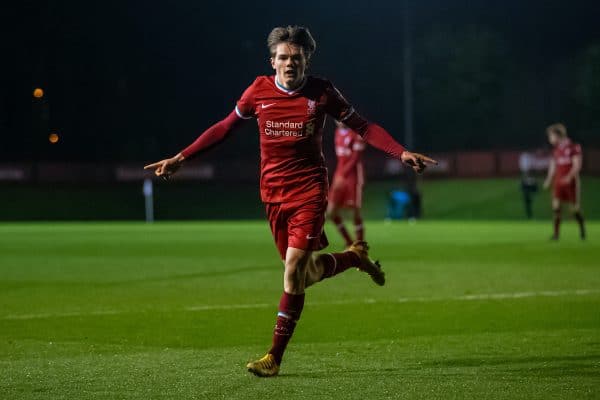 KIRKBY, ENGLAND - Tuesday, March 16, 2021: Liverpool's substitute Ethan Ennis celebrates after scoring the fourth goal during the FA Youth Cup 3rd Round match between Liverpool FC Under-18's and Sutton United FC Under-18's at the Liverpool Academy. Liverpool won 6-0. (Pic by David Rawcliffe/Propaganda)