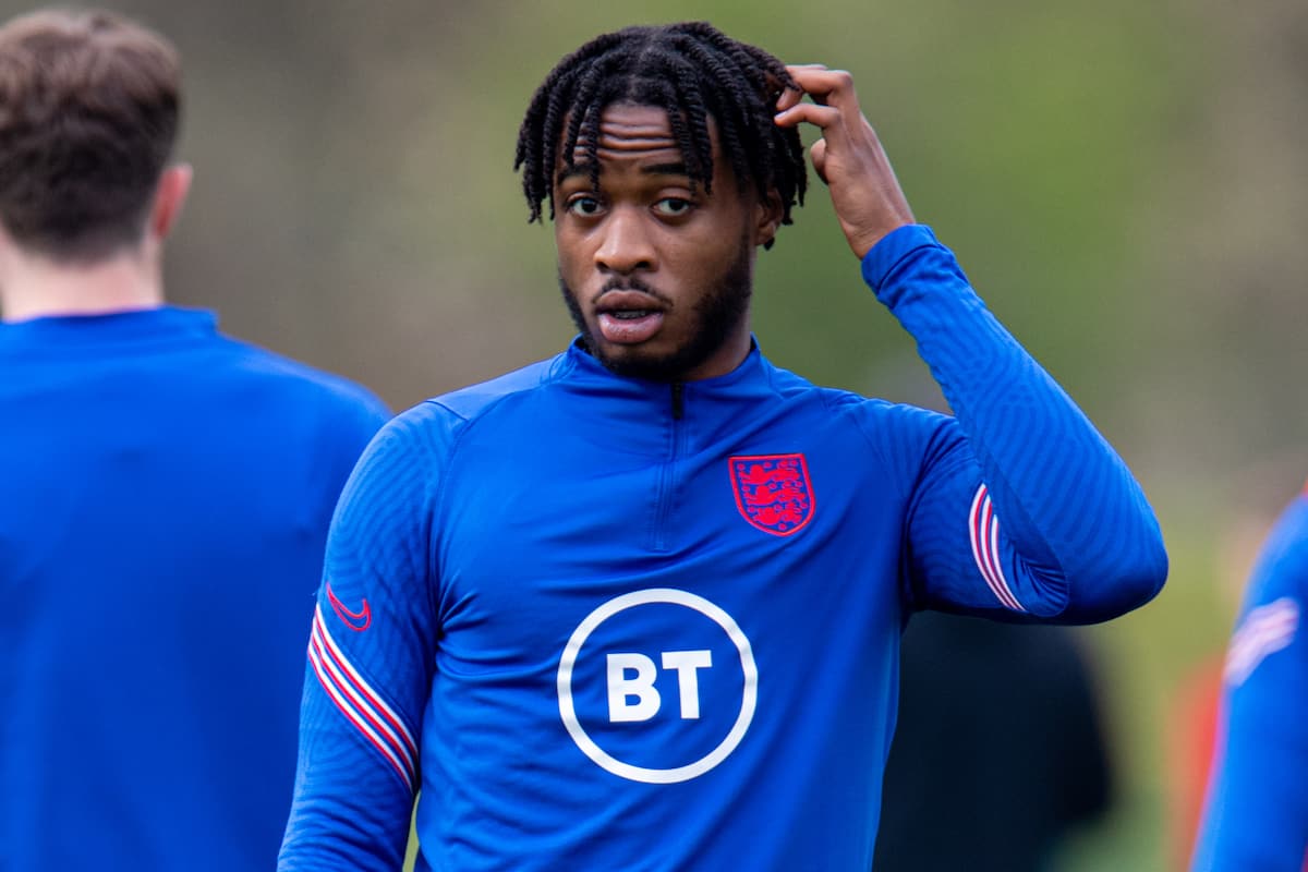 CARDIFF, WALES - Monday, March 29, 2021: England's James Balagizi during the pre-match warm-up before an Under-18 international friendly match between Wales and England at Leckwith Stadium. England won 2-0. (Pic by David Rawcliffe/Propaganda)