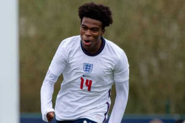 CARDIFF, WALES - Monday, March 29, 2021: England's Carney Chukwuemeka celebrates after scoring the second goal during an Under-18 international friendly match between Wales and England at Leckwith Stadium. England won 2-0. (Pic by David Rawcliffe/Propaganda)