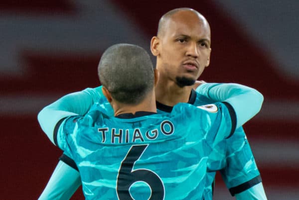 LONDON, ENGLAND - Saturday, April 3, 2021: Liverpool's Fabio Henrique Tavares 'Fabinho' (R) aqnd Thiago Alcantara before during the FA Premier League match between Arsenal FC and Liverpool FC at the Emirates Stadium. Liverpool won 3-0. (Pic by David Rawcliffe/Propaganda)