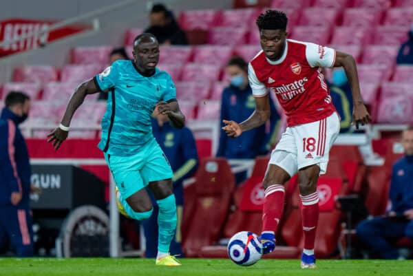 LONDON, ENGLAND - Saturday, April 3, 2021: Arsenal's Thomas Partey (R) and Liverpool's Sadio Mané (L) during the FA Premier League match between Arsenal FC and Liverpool FC at the Emirates Stadium. Liverpool won 3-0. (Pic by David Rawcliffe/Propaganda)