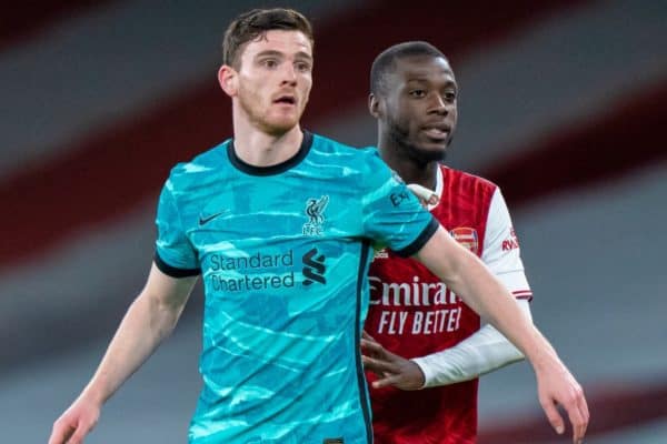 LONDON, ENGLAND - Saturday, April 3, 2021: Liverpool's Andy Robertson (L) and Arsenal's Nicolas Pépé during the FA Premier League match between Arsenal FC and Liverpool FC at the Emirates Stadium. Liverpool won 3-0. (Pic by David Rawcliffe/Propaganda)