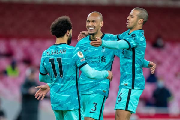 LONDON, ENGLAND - Saturday, April 3, 2021: Liverpool's Mohamed Salah (L) celebrates after scoring the second goal with team-mates Fabio Henrique Tavares 'Fabinho' (C) and Thiago Alcantara (R) during the FA Premier League match between Arsenal FC and Liverpool FC at the Emirates Stadium. Liverpool won 3-0. (Pic by David Rawcliffe/Propaganda)