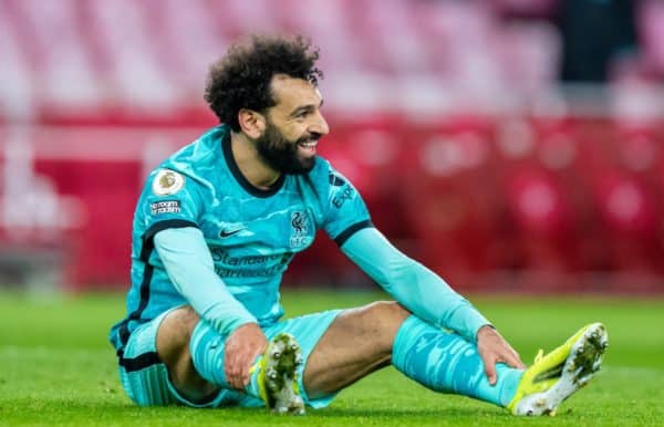 LONDON, ENGLAND - Saturday, April 3, 2021: Liverpool's Mohamed Salah smiles after missing a chance during the FA Premier League match between Arsenal FC and Liverpool FC at the Emirates Stadium. Liverpool won 3-0. (Pic by David Rawcliffe/Propaganda)