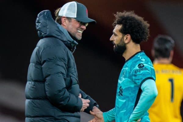 LONDON, ENGLAND - Saturday, April 3, 2021: Liverpool's manager Jürgen Klopp (L) and Mohamed Salah after the FA Premier League match between Arsenal FC and Liverpool FC at the Emirates Stadium. Liverpool won 3-0. (Pic by David Rawcliffe/Propaganda)