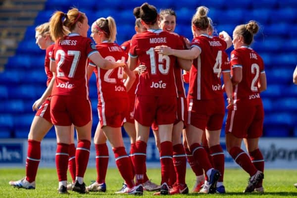 BIRKENHEAD, ENGLAND - Easter Sunday, April 4, 2021: Liverpool's Meikayla Moore (#15) celebrates with team-mates after scoring the second goal during the FA Women’s Championship game between Liverpool FC Women and Lewes FC Women at Prenton Park. (Pic by David Rawcliffe/Propaganda)