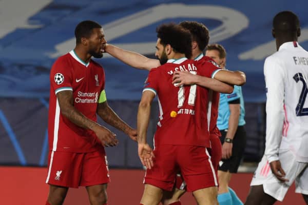 MADRID, SPAIN - Tuesday, April 6, 2021: Liverpool's Mohamed Salah celebrates after his side's only goal during the UEFA Champions League Quarter-Final 1st Leg game between Real Madird CF and Liverpool FC at the Estadio Alfredo Di Stefano. (Pic by Propaganda)