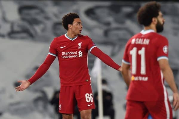 MADRID, SPAIN - Tuesday, April 6, 2021: Liverpool's Trent Alexander-Arnold reacts during the UEFA Champions League Quarter-Final 1st Leg game between Real Madird CF and Liverpool FC at the Estadio Alfredo Di Stefano. (Pic by Propaganda)