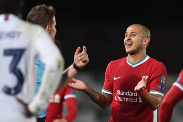 MADRID, SPAIN - Tuesday, April 6, 2021: Liverpool's Thiago Alcantara appeals to the referee during the UEFA Champions League Quarter-Final 1st Leg game between Real Madird CF and Liverpool FC at the Estadio Alfredo Di Stefano. (Pic by Propaganda)