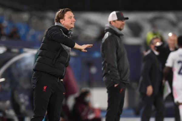 MADRID, SPAIN - Tuesday, April 6, 2021: Liverpool's first-team development coach Pepijn Lijnders during the UEFA Champions League Quarter-Final 1st Leg game between Real Madird CF and Liverpool FC at the Estadio Alfredo Di Stefano. (Pic by Propaganda)