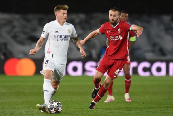 MADRID, SPAIN - Tuesday, April 6, 2021: Real Madrid's Toni Kroos (L) and Liverpool's Nathaniel Phillips during the UEFA Champions League Quarter-Final 1st Leg game between Real Madird CF and Liverpool FC at the Estadio Alfredo Di Stefano. (Pic by Propaganda)