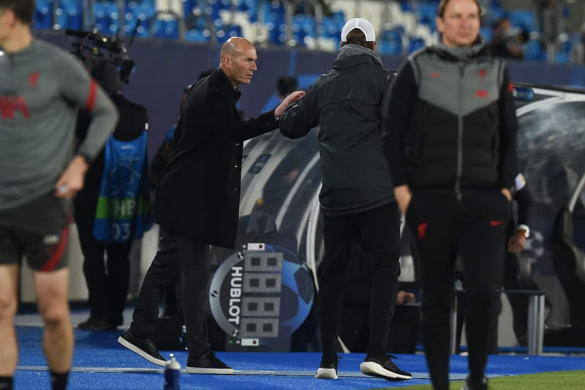 MADRID, SPAIN - Tuesday, April 6, 2021: Real Madrid's head coach Zine?dine Zidane (L) and Liverpool's manager Jürgen Klopp after the UEFA Champions League Quarter-Final 1st Leg game between Real Madird CF and Liverpool FC at the Estadio Alfredo Di Stefano. (Pic by Propaganda)