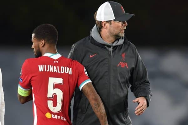 MADRID, SPAIN - Tuesday, April 6, 2021: Liverpool's manager Jürgen Klopp and Georginio Wijnaldum after the UEFA Champions League Quarter-Final 1st Leg game between Real Madird CF and Liverpool FC at the Estadio Alfredo Di Stefano. (Pic by Propaganda)