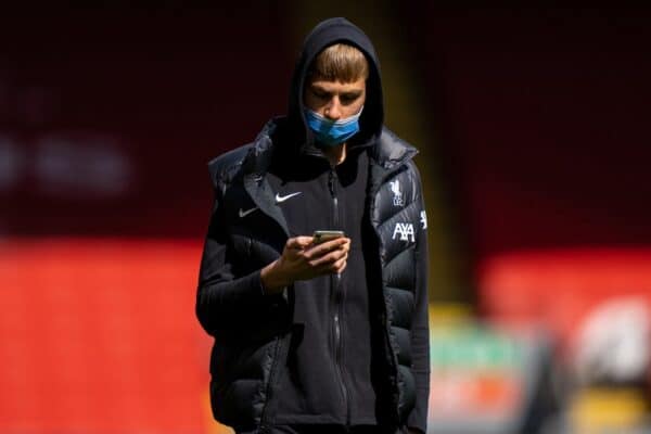 LIVERPOOL, ENGLAND - Saturday, April 10, 2021: Liverpool's goalkeeper Jakub Ojrzynski inspects the pitch before the FA Premier League match between Liverpool FC and Aston Villa FC at Anfield. Liverpool won 2-1. (Pic by David Rawcliffe/Propaganda)