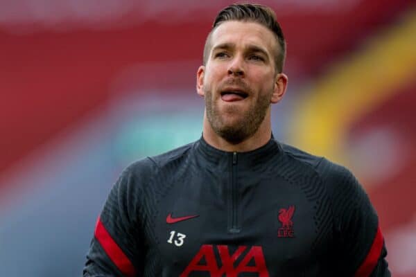 LIVERPOOL, ENGLAND - Saturday, April 10, 2021: Liverpool's goalkeeper Adrián San Miguel del Castillo during the pre-match warm-up before the FA Premier League match between Liverpool FC and Aston Villa FC at Anfield. Liverpool won 2-1. (Pic by David Rawcliffe/Propaganda)