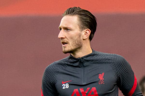 LIVERPOOL, ENGLAND - Saturday, April 10, 2021: Liverpool's Ben Davies during the pre-match warm-up before the FA Premier League match between Liverpool FC and Aston Villa FC at Anfield. Liverpool won 2-1. (Pic by David Rawcliffe/Propaganda)