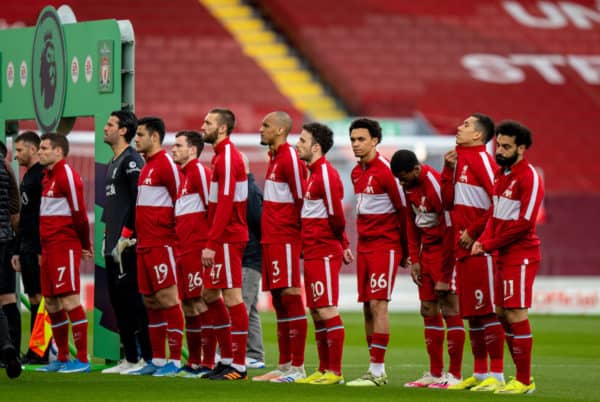 LIVERPOOL, ENGLAND - Saturday, April 10, 2021: Liverpool's Trent Alexander-Arnold lines-up with team-mates before the FA Premier League match between Liverpool FC and Aston Villa FC at Anfield. Liverpool won 2-1. (Pic by David Rawcliffe/Propaganda)