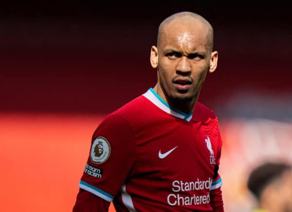 LIVERPOOL, ENGLAND - Saturday, April 10, 2021: Liverpool's Fabio Henrique Tavares 'Fabinho' during the FA Premier League match between Liverpool FC and Aston Villa FC at Anfield. Liverpool won 2-1. (Pic by David Rawcliffe/Propaganda)