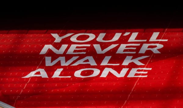 LIVERPOOL, ENGLAND - Saturday, April 10, 2021: "You'll Never Walk Alone" branding covering seats in the Anfield Road stand during the FA Premier League match between Liverpool FC and Aston Villa FC at Anfield. Liverpool won 2-1. (Pic by David Rawcliffe/Propaganda)