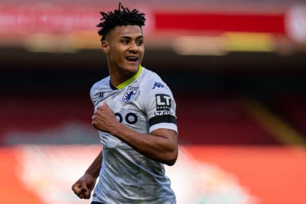 LIVERPOOL, ENGLAND - Saturday, April 10, 2021: Aston Villa's Ollie Watkins celebrates after scoring the first goal during the FA Premier League match between Liverpool FC and Aston Villa FC at Anfield. Liverpool won 2-1. (Pic by David Rawcliffe/Propaganda)