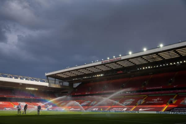 LIVERPOOL, ENGLAND - Saturday, April 10, 2021: Rainbows on the pitch as it is watered at half-time during the FA Premier League match between Liverpool FC and Aston Villa FC at Anfield. Liverpool won 2-1. (Pic by David Rawcliffe/Propaganda)