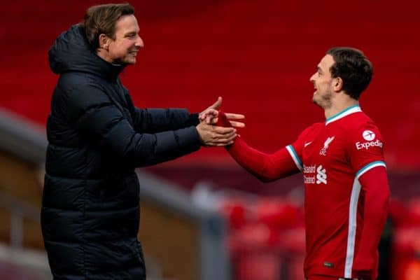 LIVERPOOL, ENGLAND - Saturday, April 10, 2021: Liverpool's Sheridan Shaqiri (R) and first-team development coach Pepijn Lijnders after the FA Premier League match between Liverpool FC and Aston Villa FC at Anfield. Liverpool won 2-1. (Pic by David Rawcliffe/Propaganda)