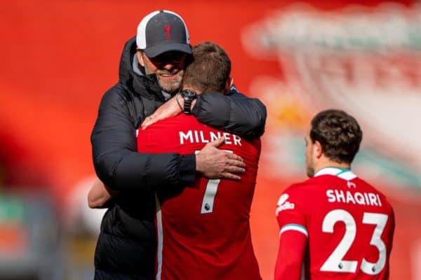 LIVERPOOL, ENGLAND - Saturday, April 10, 2021: Liverpool's manager Jürgen Klopp embraces James Milner after the FA Premier League match between Liverpool FC and Aston Villa FC at Anfield. Liverpool won 2-1. (Pic by David Rawcliffe/Propaganda)