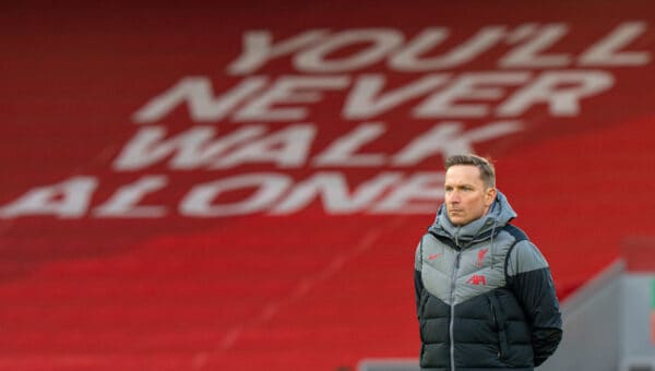 LIVERPOOL, ENGLAND - Wednesday, April 14, 2021: "You'll Never Walk Alone" Liverpool's first-team development coach Pepijn Lijnders during the pre-match warm-up before the UEFA Champions League Quarter-Final 2nd Leg game between Liverpool FC and Real Madird CF at Anfield. The game ended in a goal-less draw, Real Madrid won 3-1 on aggregate. (Pic by David Rawcliffe/Propaganda)