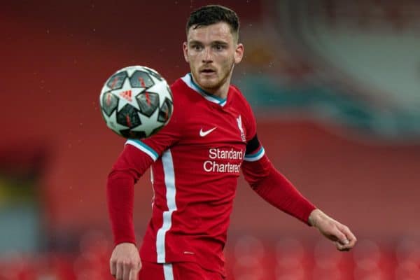 LIVERPOOL, ENGLAND - Wednesday, April 14, 2021: Liverpool's Andy Robertson during the UEFA Champions League Quarter-Final 2nd Leg game between Liverpool FC and Real Madird CF at Anfield. The game ended in a goal-less draw, Real Madrid won 3-1 on aggregate. (Pic by David Rawcliffe/Propaganda)