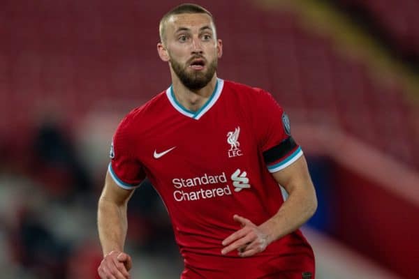 LIVERPOOL, ENGLAND - Wednesday, April 14, 2021: Liverpool's Nathaniel Phillips during the UEFA Champions League Quarter-Final 2nd Leg game between Liverpool FC and Real Madird CF at Anfield. The game ended in a goal-less draw, Real Madrid won 3-1 on aggregate. (Pic by David Rawcliffe/Propaganda)