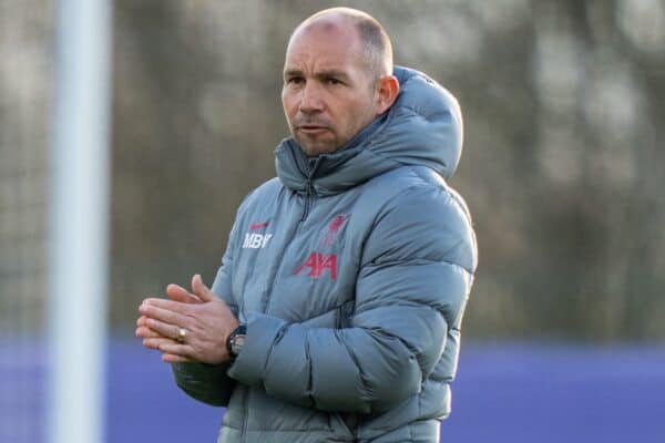 LEICESTER, ENGLAND - Friday, April 16, 2021: Liverpool’s Under-18's manager Marc Bridge-Wilkinson during the FA Youth Cup 5th Round match between Leicester City FC and Liverpool FC at the Leicester City Academy. (Pic by David Rawcliffe/Propaganda)