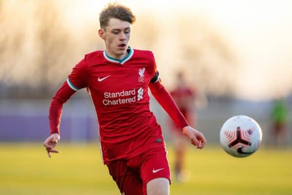 LEICESTER, ENGLAND - Friday, April 16, 2021: Liverpool’s Conor Bradley during the FA Youth Cup 5th Round match between Leicester City FC and Liverpool FC at the Leicester City Academy. (Pic by David Rawcliffe/Propaganda)