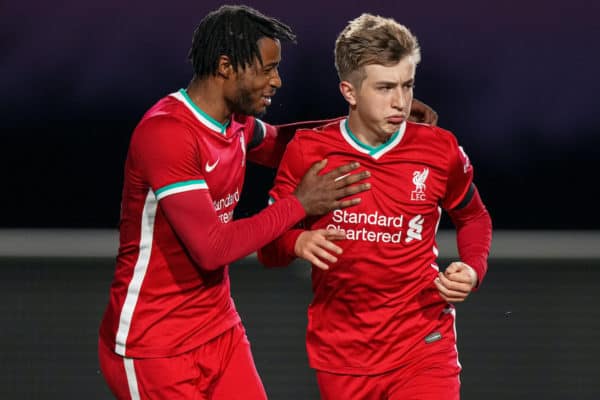 LEICESTER, ENGLAND - Friday, April 16, 2021: Liverpool’s Max Woltman (R) celebrates with team-mate James Balagizi after scoring the third goal during the FA Youth Cup 5th Round match between Leicester City FC and Liverpool FC at the Leicester City Academy. Liverpool won 5-1. (Pic by David Rawcliffe/Propaganda)