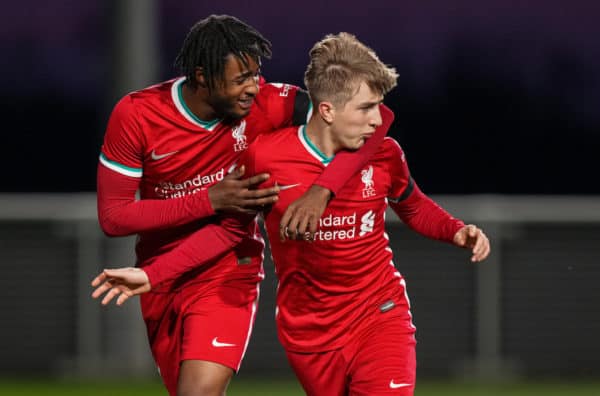 LEICESTER, ENGLAND - Friday, April 16, 2021: Liverpool’s Max Woltman (R) celebrates with team-mate James Balagizi after scoring the third goal during the FA Youth Cup 5th Round match between Leicester City FC and Liverpool FC at the Leicester City Academy. Liverpool won 5-1. (Pic by David Rawcliffe/Propaganda)