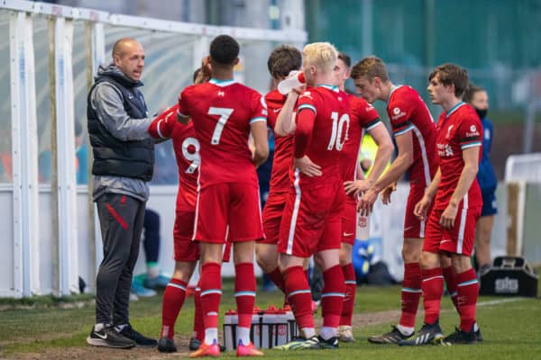 LEYLAND, ENGLAND - Monday, April 19, 2021: Liverpool's manager Barry Lewtas speaks to his players during the Premier League 2 Division 1 match between Blackburn Rovers FC Under-23's and Liverpool FC Under-23's at the County Ground. (Pic by David Rawcliffe/Propaganda)