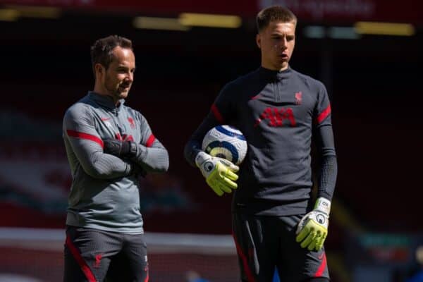 LIVERPOOL, ENGLAND - Saturday, April 24, 2021: Liverpool's goalkeeping coach Jack Robinson (L) and goalkeeper Jakub Ojrzynski during the pre-match warm-up before the FA Premier League match between Liverpool FC and Newcastle United FC at Anfield. (Pic by David Rawcliffe/Propaganda)