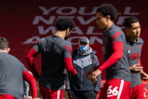 LIVERPOOL, ENGLAND - Saturday, April 24, 2021: Liverpool's manager Jürgen Klopp during the pre-match warm-up before the FA Premier League match between Liverpool FC and Newcastle United FC at Anfield. (Pic by David Rawcliffe/Propaganda)