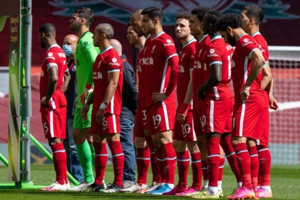 LIVERPOOL, ENGLAND - Saturday, April 24, 2021: Liverpool players line-up before the FA Premier League match between Liverpool FC and Newcastle United FC at Anfield. (Pic by David Rawcliffe/Propaganda)