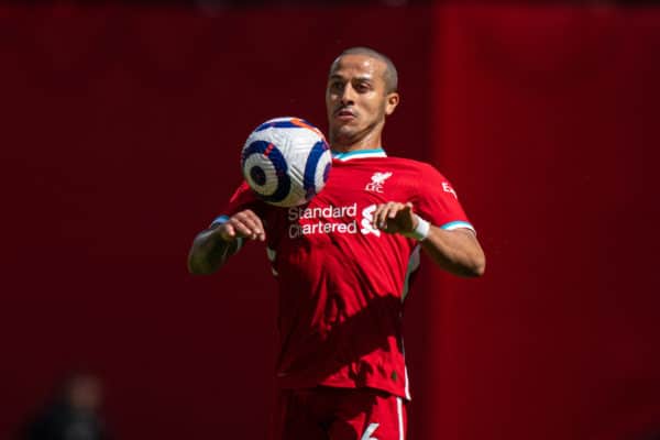 LIVERPOOL, ENGLAND - Saturday, April 24, 2021: Liverpool's Thiago Alcantara during the FA Premier League match between Liverpool FC and Newcastle United FC at Anfield. (Pic by David Rawcliffe/Propaganda)