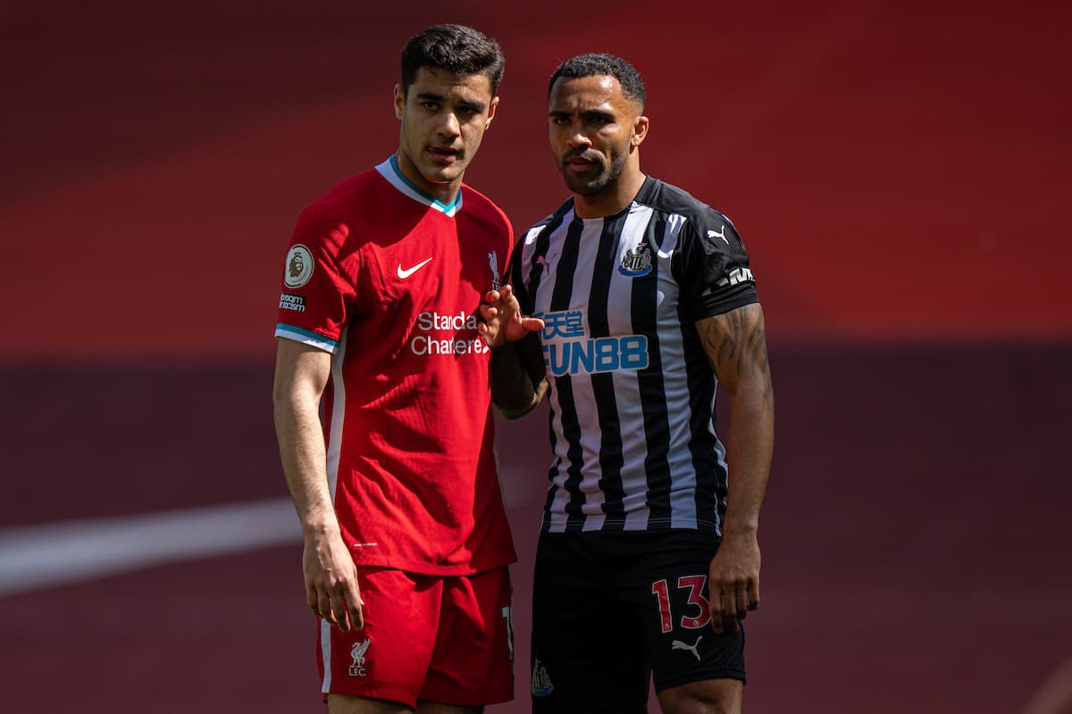 LIVERPOOL, ENGLAND - Saturday, April 24, 2021: Liverpool's Ozan Kabak (L) and Newcastle United's Callum Wilson during the FA Premier League match between Liverpool FC and Newcastle United FC at Anfield. (Pic by David Rawcliffe/Propaganda)