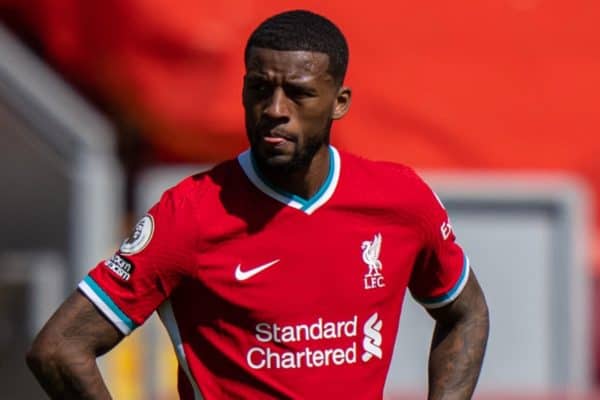 LIVERPOOL, ENGLAND - Saturday, April 24, 2021: Liverpool's Georginio Wijnaldum looks dejected after his side concede a 95th minute equalising goal during the FA Premier League match between Liverpool FC and Newcastle United FC at Anfield. (Pic by David Rawcliffe/Propaganda)